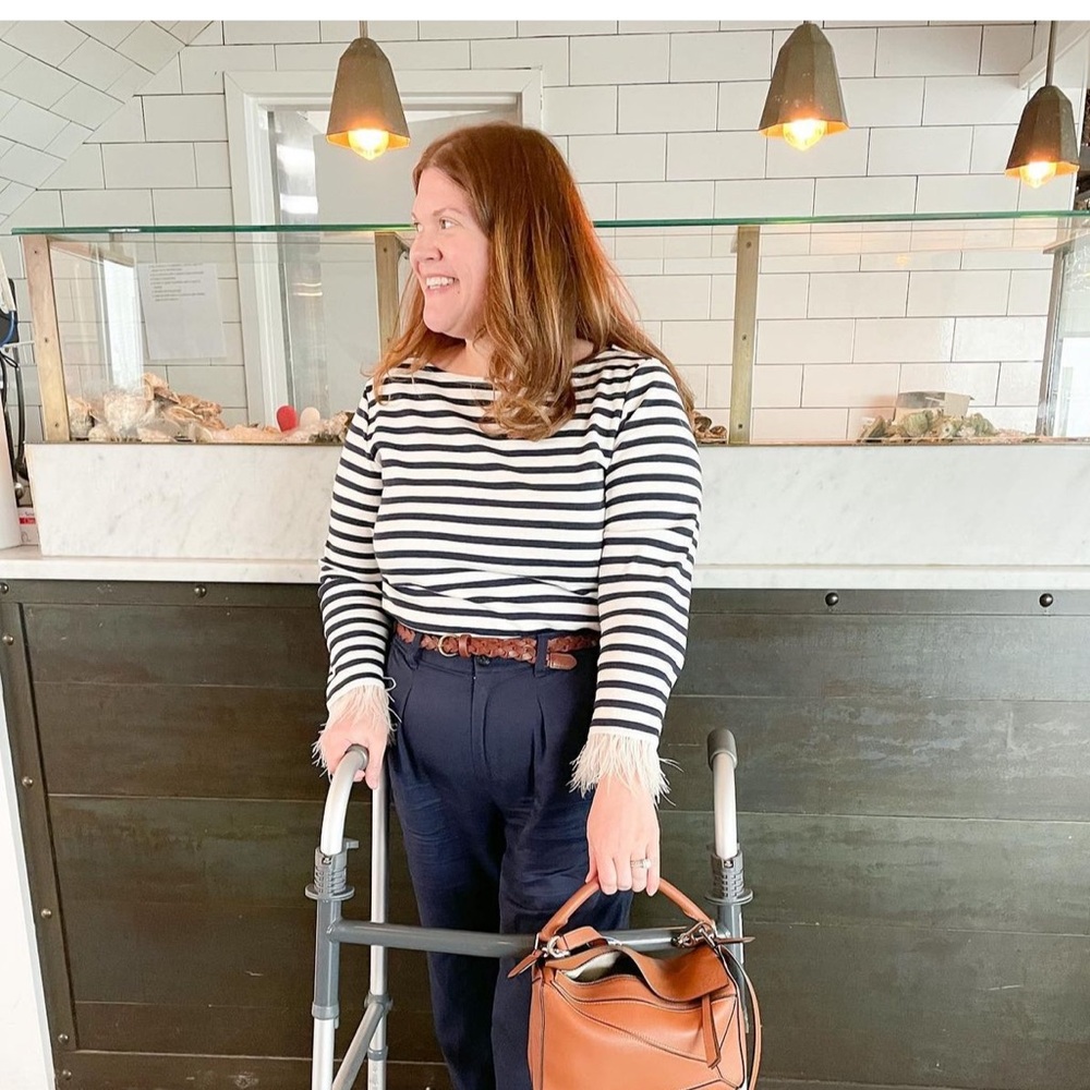 J. Crew Navy and White stripe tee w/ feather trim